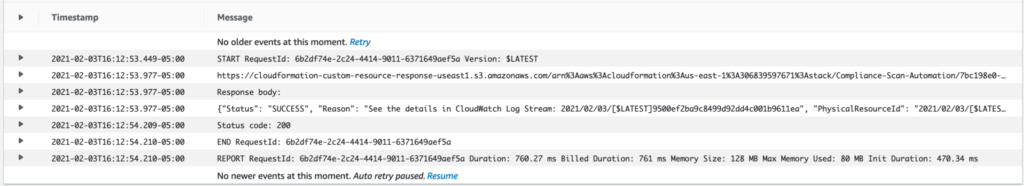 Screenshot of AWS CloudWatch Logs displaying Lambda function output for a CloudFormation custom resource response. The log entries show timestamps, messages including a START RequestId, CloudFormation response URL, a success message with status code 200, and an END RequestId followed by a report line indicating execution duration, billed duration, and memory usage.